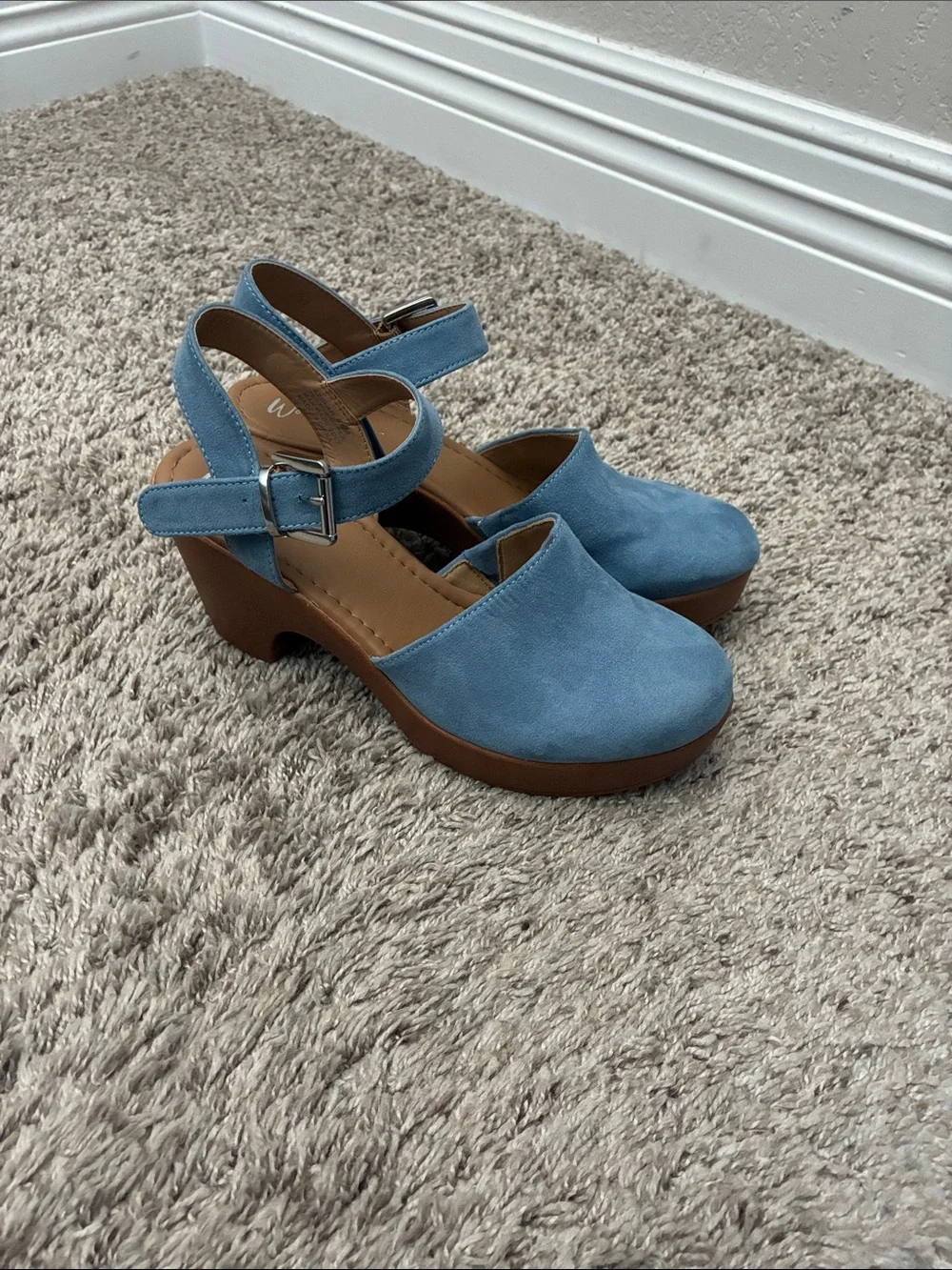 Wonderly Blue Suede Platform Clog Heels with Ankle Strap
